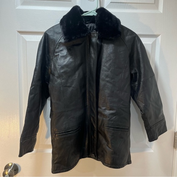 Vintage Jackets & Blazers - Vintage VTG Black Leather Jacket Full Zip Faux Fur Collar Pockets L
